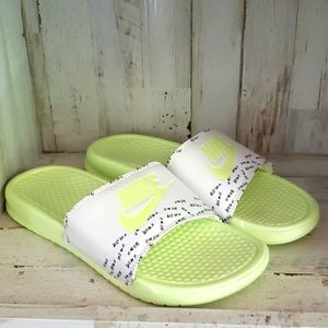 Nike Shoes | Nike Benassi JDI White Barely Volt Neon Sandals Slides Shoes Euc LK New Sz 9 | Color: White | Size: 9 | Christyvette83's Closet